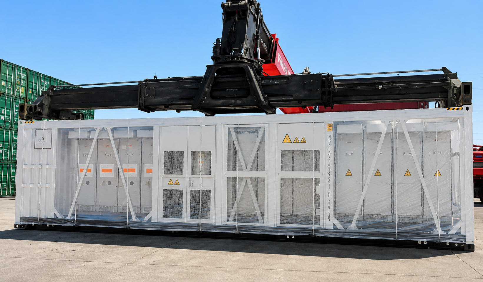 Containerised BESS unit with power conversion cabinets lifted by a reach stacker at the port before shipment to Ukraine